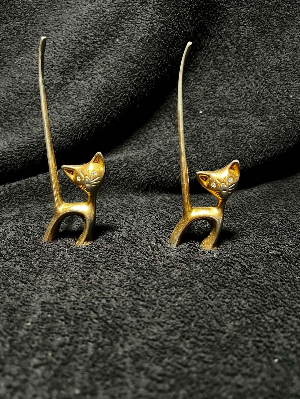 Vintage Brass Cat Ring Holders Pair Long Tail Rhinestone Eyes MCM Retro Kitty